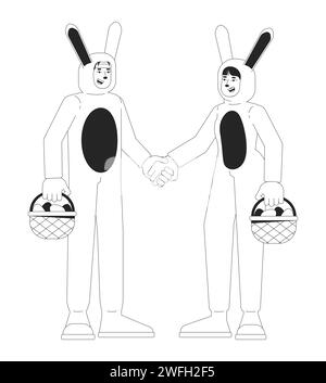 Bunny couple with Easter baskets black and white cartoon flat illustration Stock Vector