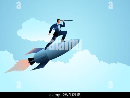 Vector illustration of a businessman on a rocket using a telescope, startup and forecast concept Stock Vector