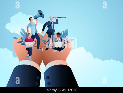 Giant hands holding a business workers, concept for emotional benefits, employee care, corporate support for employee Stock Vector