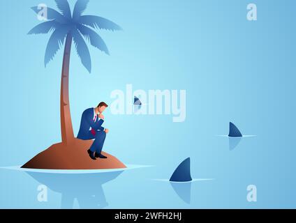 Business concept vector illustration of a businessman get stuck on island with water full of shark, business, financial crisis, frustration, castaway Stock Vector