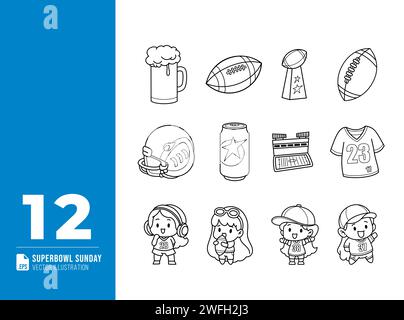 Hand drawn superbowl sunday celebration doodle vector elements set. Football design illustration. Stock Vector