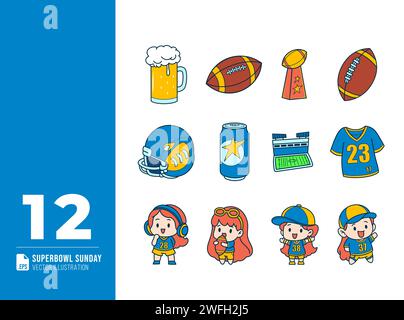 Hand drawn superbowl sunday celebration doodle vector elements set. Football design illustration. Stock Vector