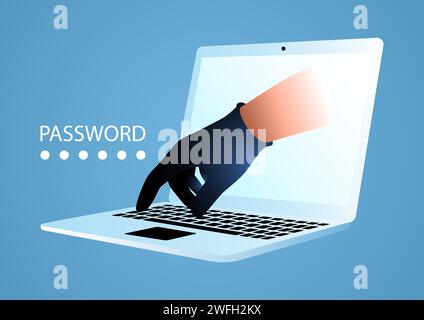 Hand in black glove comes out of the monitor screen and typing on the keyboard, data and password breach, vector illustration Stock Vector