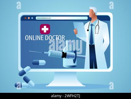 Doctor with stethoscope on computer screen, online medical support concept, vector illustration Stock Vector