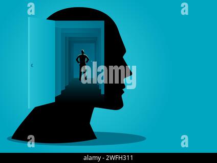 Man goes deeper inside of human mind through multiple doors, understand the human mind, man psychology, vector illustration Stock Vector