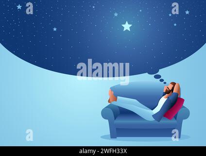 Unemployed person is lying on the sofa and daydreaming, vector illustration Stock Vector