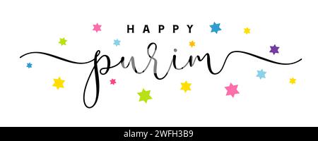 Happy Purim elegant calligraphy logo and colored stars. Chag Purim sameach holiday card. Vector illustration Stock Vector