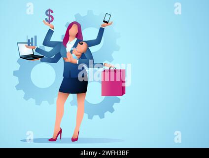Business concept vector illustration of a businesswoman with many hands, concept for multitasking Stock Vector