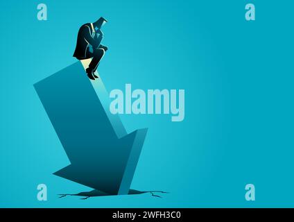 Business concept illustration of a businessman sitting contemplating on fallen arrow sign, bankruptcy, failure in business concept Stock Vector