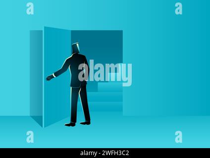 Businessman  opens the door and finds a staircase inside, career, curiosity, emergency exit, vector illustration Stock Vector
