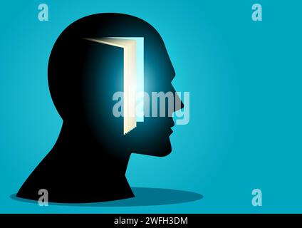 Human brain concept graphic, human head with open book, knowledge, learning concept Stock Vector