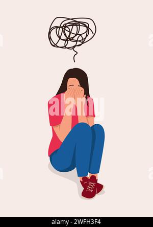 Simple flat vector illustration of depression young woman sit on floor with scribble symbol on her Stock Vector