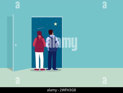Simple flat vector illustration of two children looking through the open door to see the vastness of outer space, imagination,   to the unknown, open Stock Vector