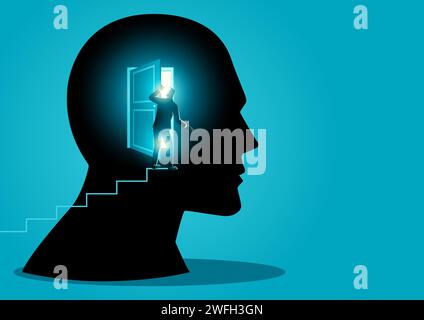 Businessman on stairs peek into the bright door of the human brain, ambition, dream, imagination, inspiration concept Stock Vector