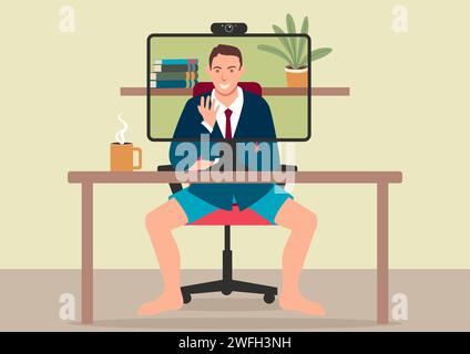 Simple flat vector illustration of a man works from home still wearing shorts while video conferencing Stock Vector
