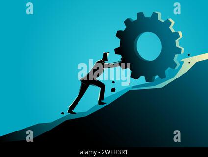 Business concept vector illustration of a businessman pushing a gear uphill, persistence, hard work, determination concept Stock Vector