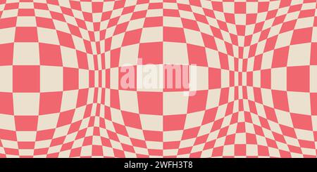 Bloated Checkered Colorful Background, Abstract Vector Pattern. The Retro Wavy Psychedelic Checkerboard in Red and White Colors. Stock Vector