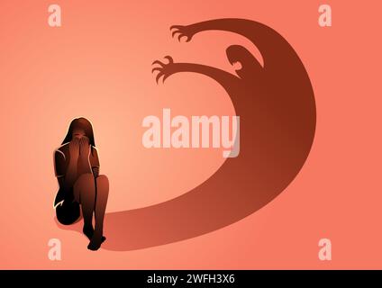 Sad depressed woman sitting on the floor frightened by his own shadow, depression, mental health issue, vector illustration Stock Vector