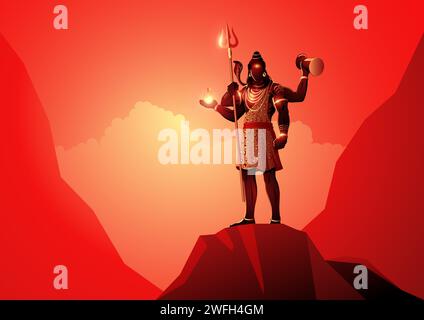 Hindu god and goddess, Lord Shiva standing on top of a rock, Indian mythology vector illustration series Stock Vector
