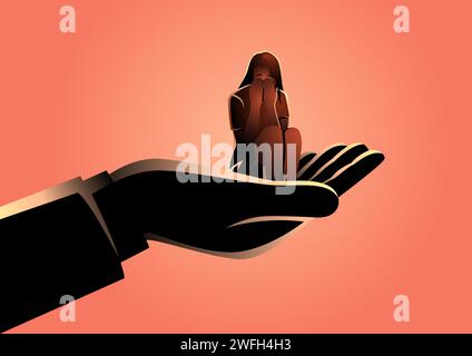 Sad depressed woman sitting on giant palm, depression, help and support, vector illustration Stock Vector