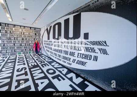 London, UK. 31st Jan, 2024. Untitled (Forever), 2017 - Thinking of You. I Mean Me. I Mean You. a solo exhibition of recent works by American artist Barbara Kruger at the Serpentine Gallery. She is known for her work with imagery and words, frequently borrowing from the languages of advertising, graphic design, and magazines. It is her first solo institutional show in London for over 20 years. Credit: Guy Bell/Alamy Live News Stock Photo