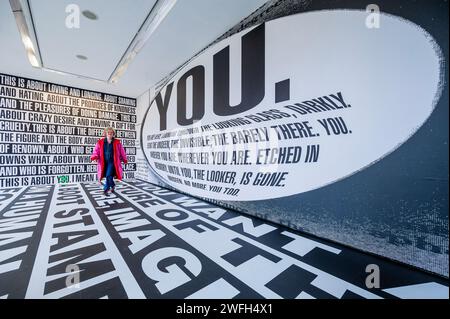 London, UK. 31st Jan, 2024. Untitled (Forever), 2017 - Thinking of You. I Mean Me. I Mean You. a solo exhibition of recent works by American artist Barbara Kruger at the Serpentine Gallery. She is known for her work with imagery and words, frequently borrowing from the languages of advertising, graphic design, and magazines. It is her first solo institutional show in London for over 20 years. Credit: Guy Bell/Alamy Live News Stock Photo