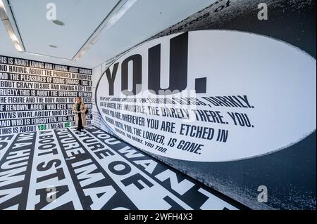 London, UK. 31st Jan, 2024. Untitled (Forever), 2017 - Thinking of You. I Mean Me. I Mean You. a solo exhibition of recent works by American artist Barbara Kruger at the Serpentine Gallery. She is known for her work with imagery and words, frequently borrowing from the languages of advertising, graphic design, and magazines. It is her first solo institutional show in London for over 20 years. Credit: Guy Bell/Alamy Live News Stock Photo