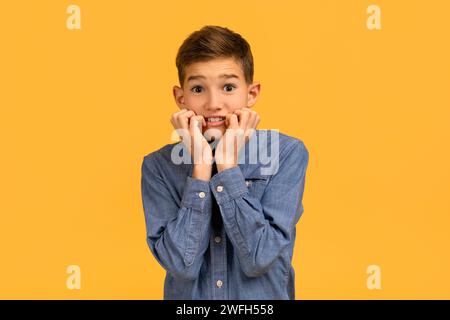 Anxious teenage boy in denim shirt biting nails and looking at camera Stock Photo