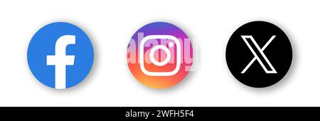 Social media app icon set. Facebook, Instagram and X, former Twitter. Circle flat button with dropped shadow vector icons. Stock Vector