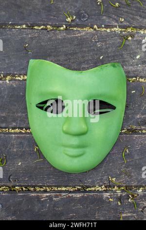green carnival mask on wooden background Stock Photo