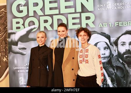 30/01/2024, Berlin, Germany, Lea Zoe Voss, Katharina Stark and Luna Jordan  attends the Berlin-Premiere 'GREEN BORDER“  at the Delphi Filmpalast on January 30, 2024 in Berlin, Germany. Green Border is a black and white drama by Agnieszka Holland about individual fates in the Polish-Belarusian border area. Credit: Sven Struck/Alamy Live News Stock Photo