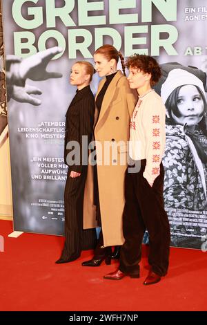 30/01/2024, Berlin, Germany, Lea Zoe Voss, Katharina Stark and Luna Jordan  attends the Berlin-Premiere 'GREEN BORDER“  at the Delphi Filmpalast on January 30, 2024 in Berlin, Germany. Green Border is a black and white drama by Agnieszka Holland about individual fates in the Polish-Belarusian border area. Credit: Sven Struck/Alamy Live News Stock Photo