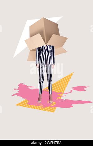 Vertical collage creative poster illustration black white filter caricature headless woman box model striped suit white background Stock Photo