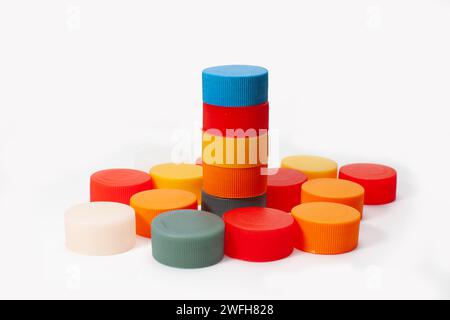 many colorful plastic bottle caps Stock Photo