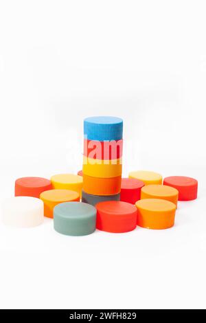 many colorful plastic bottle caps Stock Photo