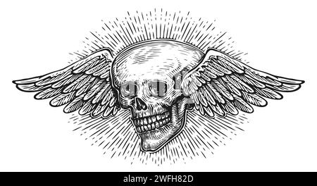 Hand drawn skull with wings in vintage engraving style. Winged skeleton. Sketch vector illustration Stock Vector