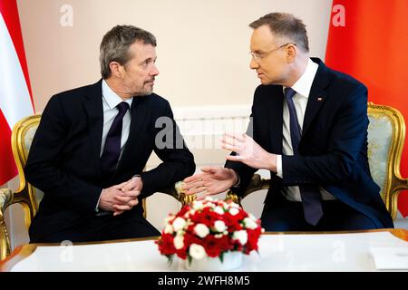 King Frederik X of Denmark and Polish President Andrzej Duda during an official welcoming ceremony at the Presidential Palace in Warsaw, Poland on January 31, 2024 Stock Photo