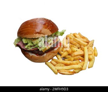 Bacon burger and fries with greens, isolated on white background Stock Photo