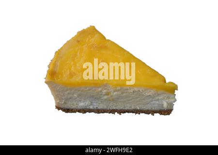 Slice of lemon cheesecake, isolated on white background Stock Photo