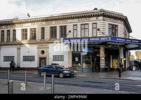 Entrance & part of Edgware Road, Transport for London, Underground Station in London on the corner of Chapel Street & Cabbell Street, within zone 1. Stock Photo