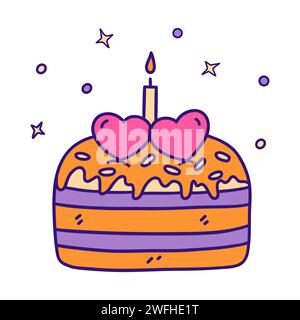 Celebratory cake with two hearts and burning candle. Sweet gift for Valentines Day, anniversary or wedding. Colorful vector isolated illustration hand Stock Vector