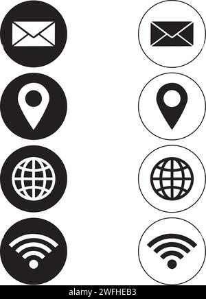 Mail, geolocation, world and wi fi icons in black and white on a a white background Stock Vector