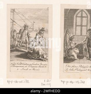 Charles V lands at Laredo, Daniel Nikolaus Chodowiecki, 1791 print Numbered at the top right: 9. With caption in German and French. print maker: Berlinafter own design by: Berlinpublisher: Gotha paper etching History. emperor. arrival and return  travelling. ships (in general). kneeling on both knees Cantabria Stock Photo