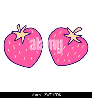 Two pink strawberries. On white background. Vector colorful doodle illustration isolated hand drawn. Ripe summer healthy berries. Tasty vitamin food. Stock Vector