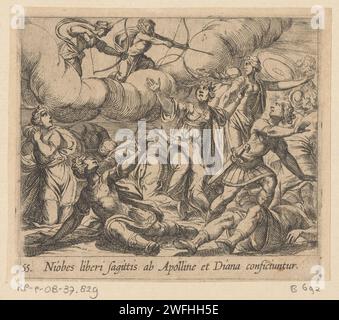 Apollo and Diana kill the children of Niobe, Antonio Tempesta, 1606 print Apollo and Diana, both with arrow-and-bow, kill the children of Niobe. Several children lie dead on the floor, others try to flee. Title in Latin in STUDMARGE. print maker: Italypublisher: Antwerp paper etching Apollo and Diana kill Niobe's children Stock Photo