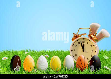 Happy easter. Sports balls in the shape of an egg alarm clock with rabbit ears on a meadow in the grass. 3D rendering Stock Photo