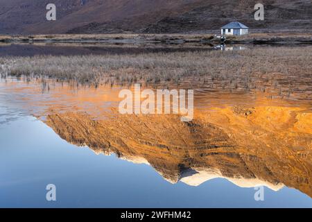 Flat calm conditions at Lochan an asgair with reflection of Liathach in the background. Torridon, Wester Ross, Highlands, Scotland, UK Stock Photo