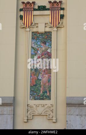 colourful mosaic depicting  harvest time on the facade of València Nord, Train station, Valencia city, Spain,Europe Stock Photo