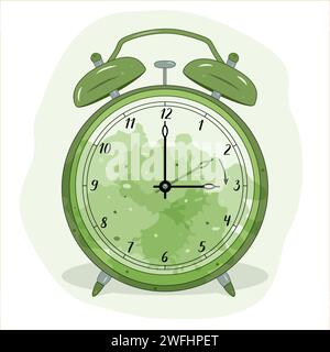 Illustration of an alarm clock. The green color symbolizes the spring time. Time change symbol. Moving the hands forward from 2:00 to 3:00. Stock Vector