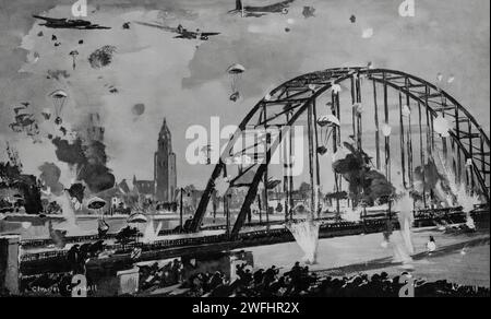 A drawing by Charles Cunhill of the fighting in September 1944 at the Arnham Bridge in the Netherlands, by the 1st Airborne Division, an airborne infantry division of the British Army along with the Polish 1st Parachute Brigade after they landed 60 miles behind German lines, to capture crossings on the River Rhine. They failed to achieve their Second World War objectives, were surrounded and took very heavy casualties, but held out for nine days before the survivors were evacuated. Stock Photo